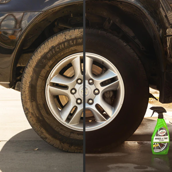 Before and after image of a tire being polished