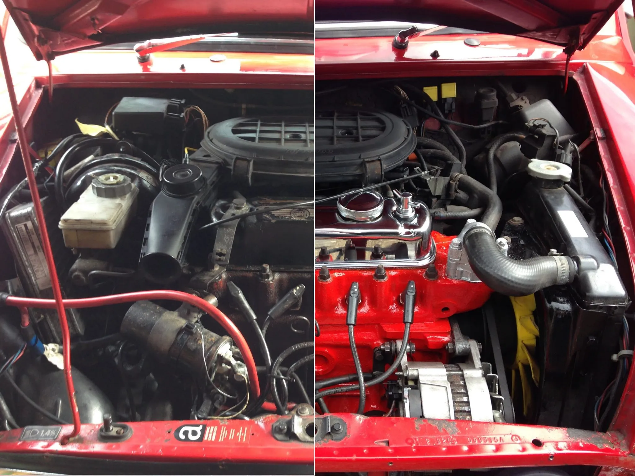 before and after image of a engine bay being detailed